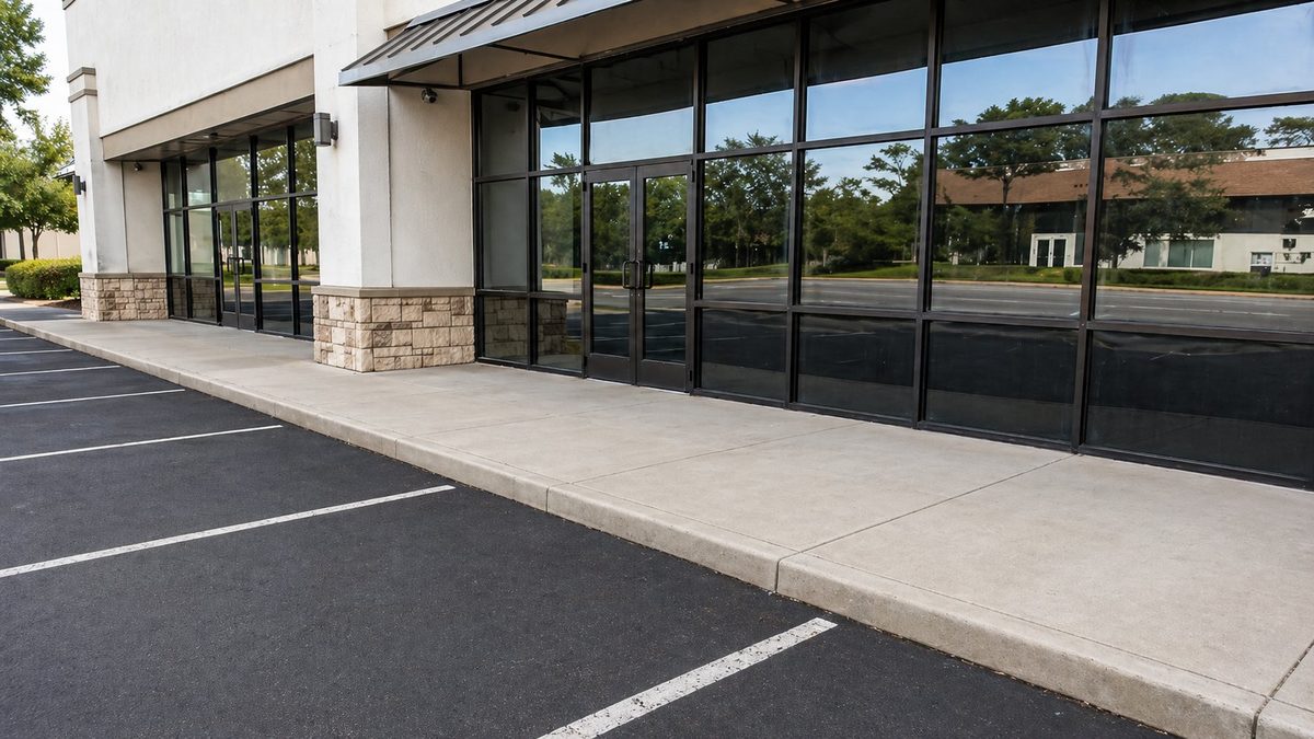Commercial storefront after professional pressure washing — clean concrete, glass, and parking lot