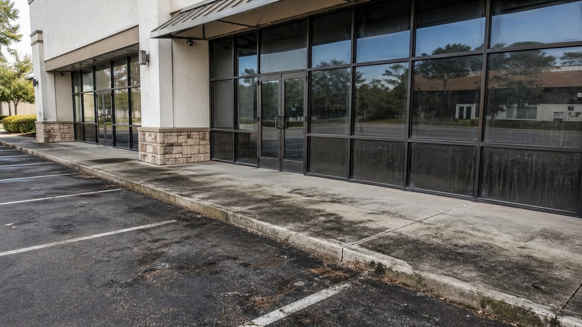 Commercial storefront before pressure washing — mold streaks, dirt, and stains on concrete and glass