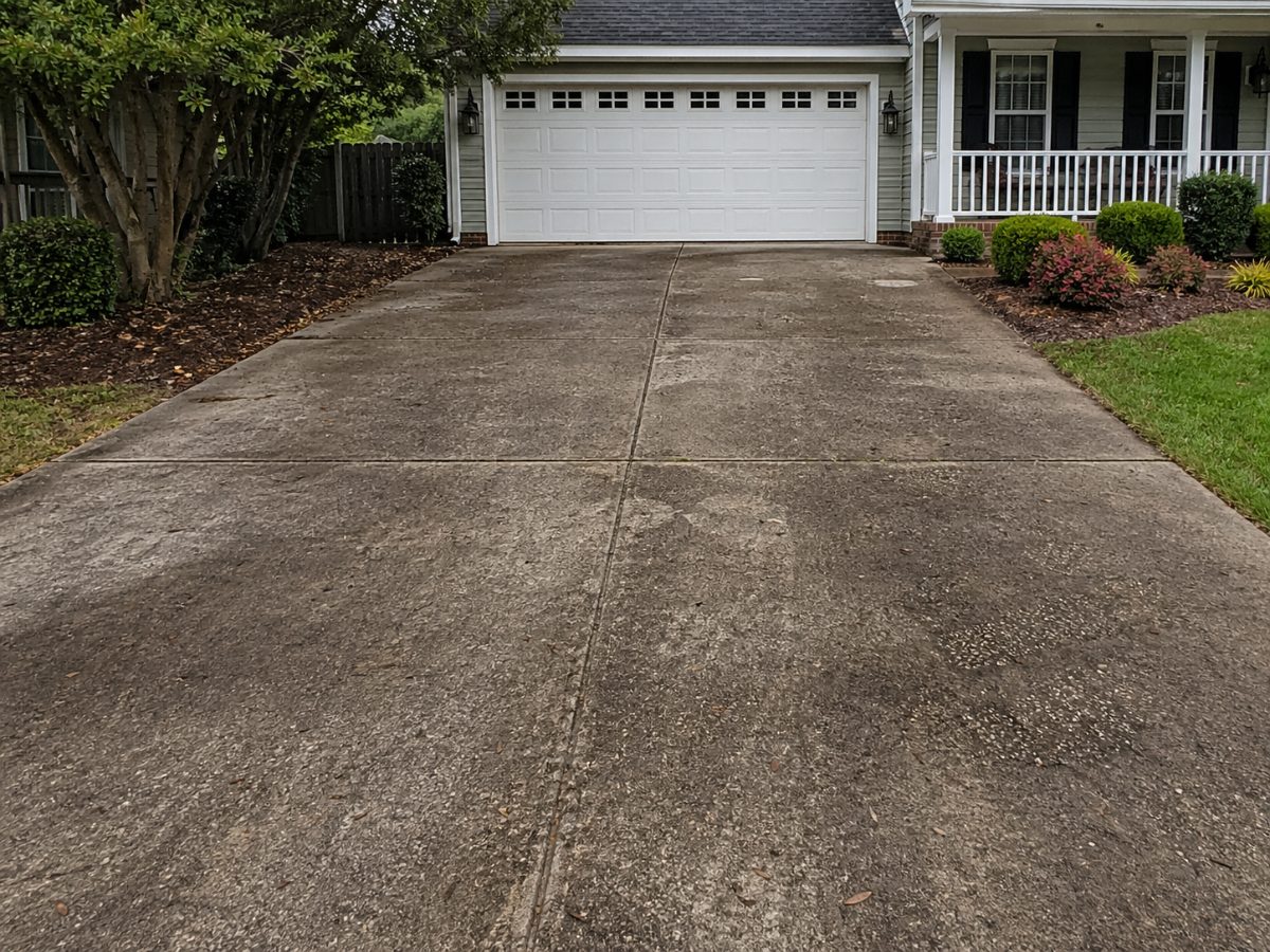 Concrete driveway before cleaning — oil stains, discoloration and grime visible across surface