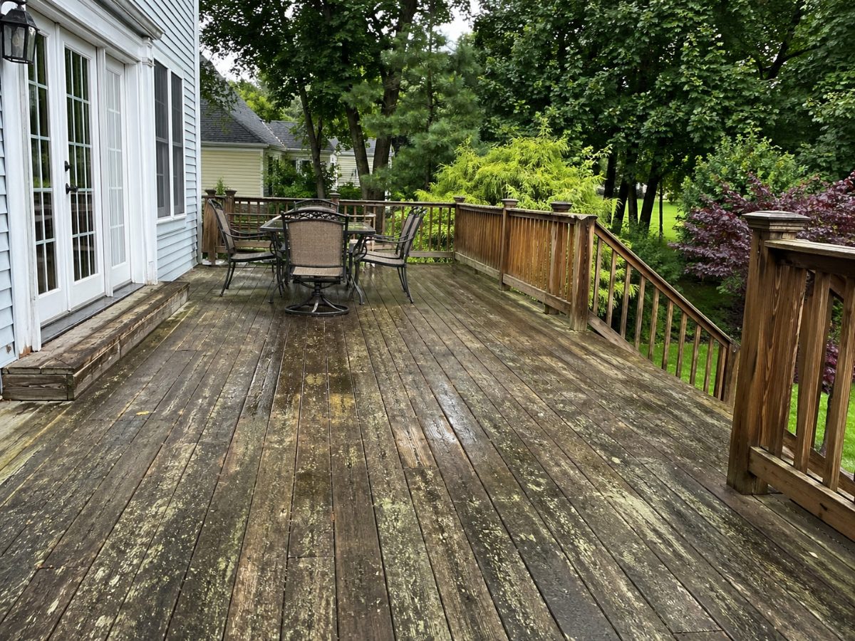 Deck before cleaning — algae-covered boards