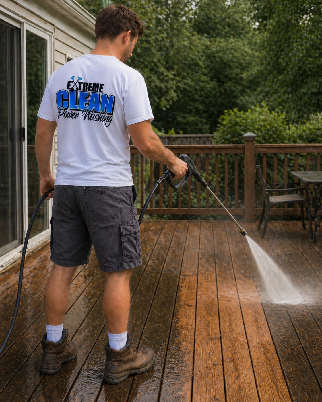 Deck cleaning result in Geauga County Ohio — Xtreme Clean Powerwashing wood deck before and after