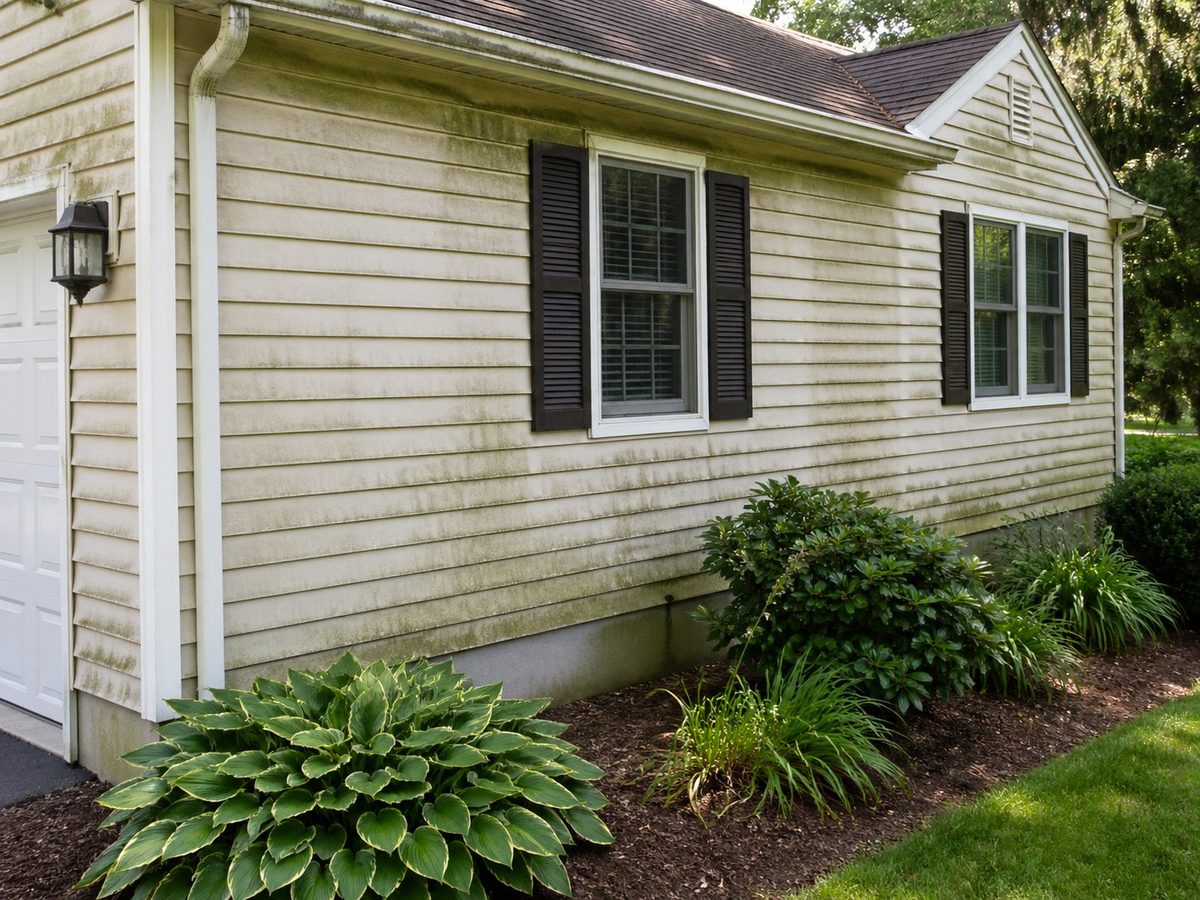 House siding before cleaning — green algae and mold buildup