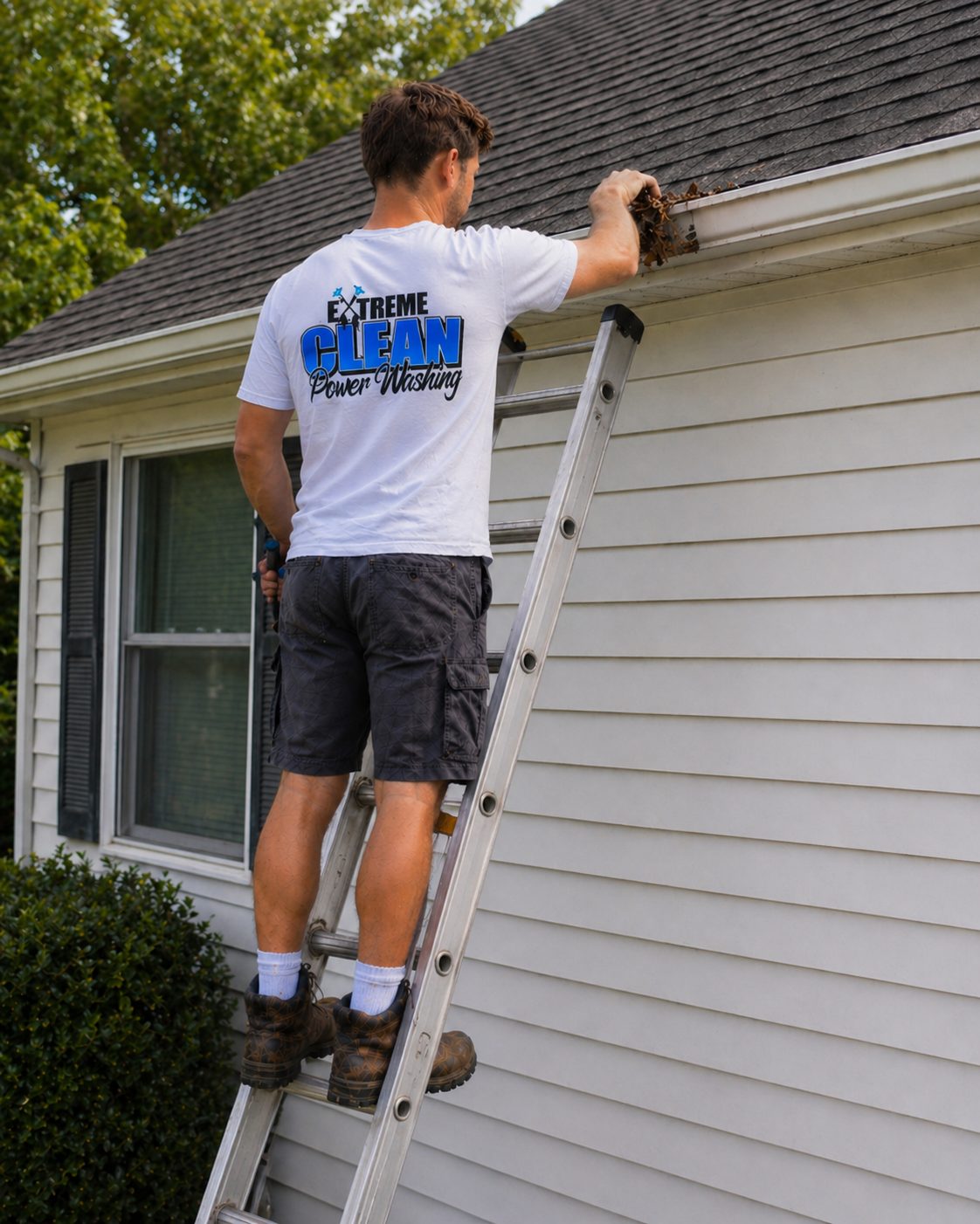 Gutter cleaning in Geauga County Ohio — Xtreme Clean Powerwashing full debris removal and downspout flush