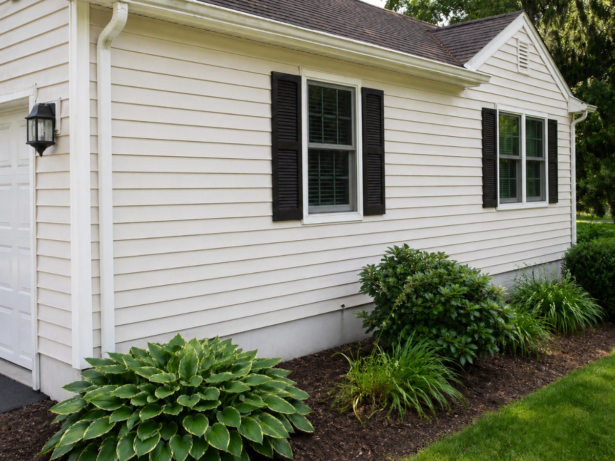 House siding after soft wash cleaning — clean bright siding with all algae and mold removed