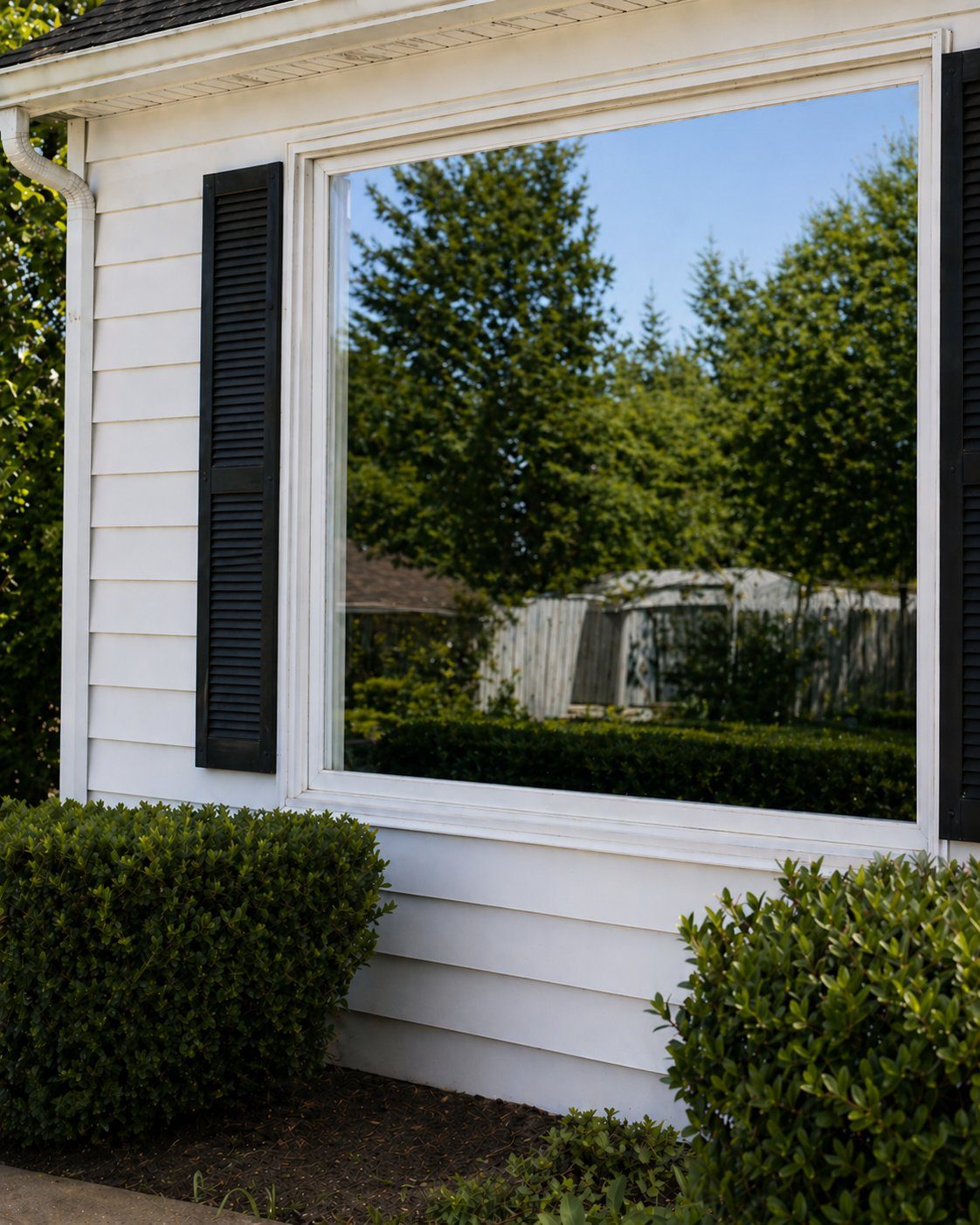 Window after professional cleaning — streak-free glass with clear reflection of trees and sky