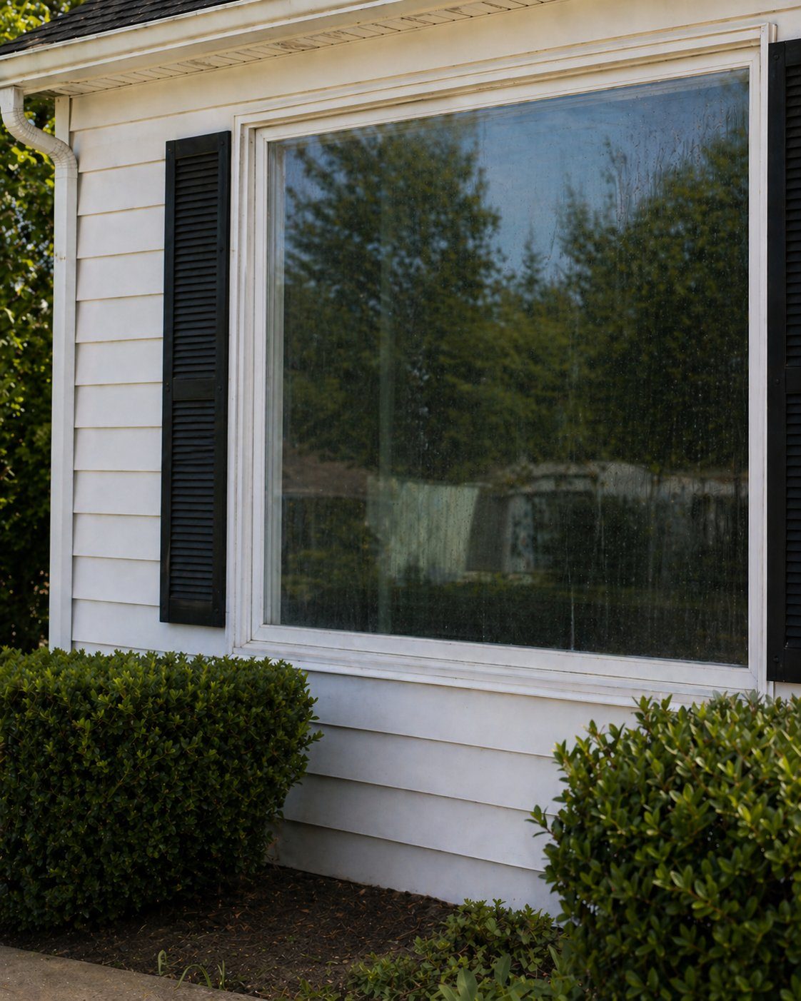 Window before cleaning — water spots, dirt, and streaks on residential glass
